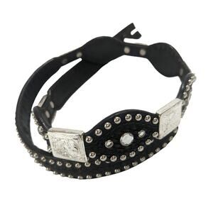 Leather Belt Western Studded Rhinestones Silvertone Black No Buckle 28 In Rodeo